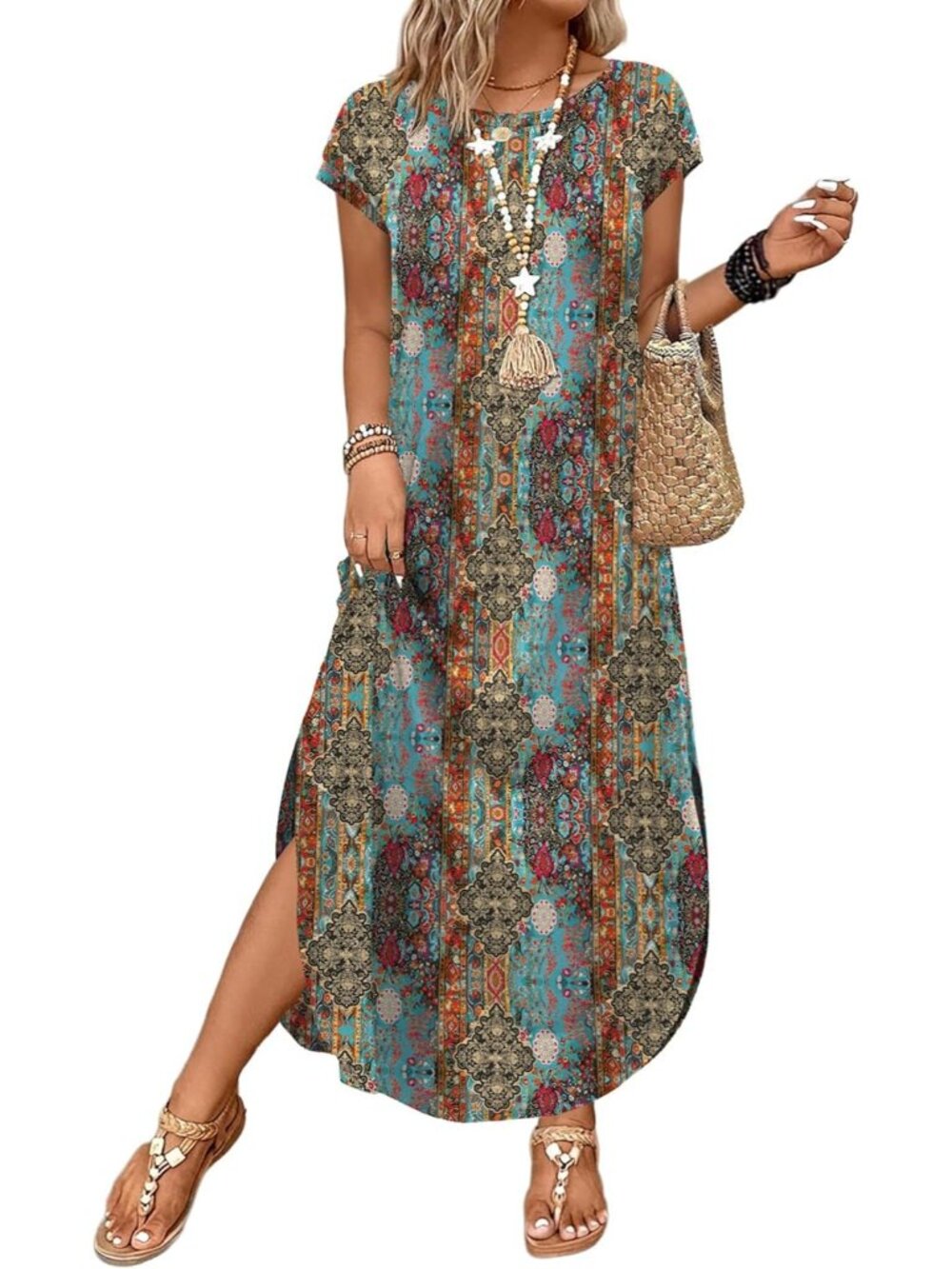 Women's Dark Blue Summer Dress Cap Sleeve Crewneck Maxi Long Casual Beach Dress - Picture 2 of 5